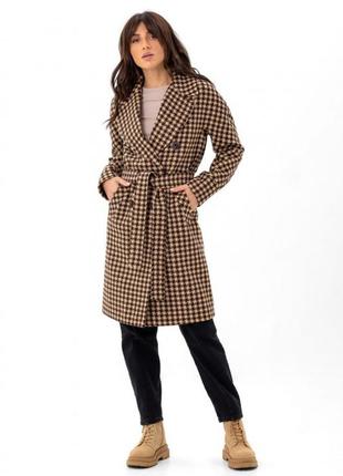 Пальто женское миди оверсайз, демисезонное, шерстяное, клечатое, в клетку, гусиная лапка, коричневое5 фото