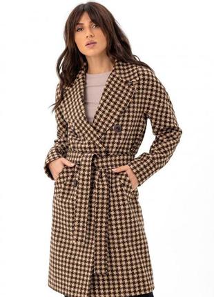 Пальто женское миди оверсайз, демисезонное, шерстяное, клечатое, в клетку, гусиная лапка, коричневое2 фото