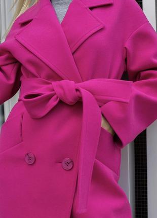 Пальто жіноче вовняне двобортне оверсайз демісезонне, на ґудзиках, довге, малинове2 фото