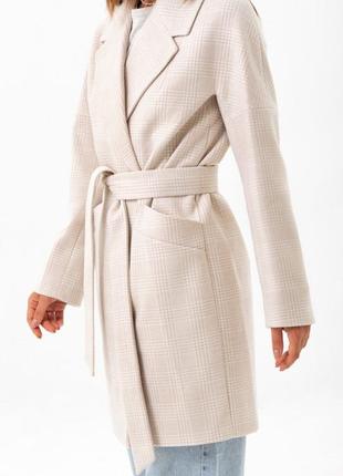 Пальто женское шерстяное оверсайз демисезонное деми клетчатое бежевое4 фото