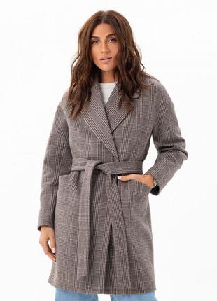 Пальто женское шерстяное оверсайз демисезонное деми, клетчатое, коричневое2 фото