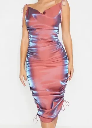 Стильное миди платье хамелеон эффект/платье миди на завязках/розовое платье с металлическим блеском8 фото