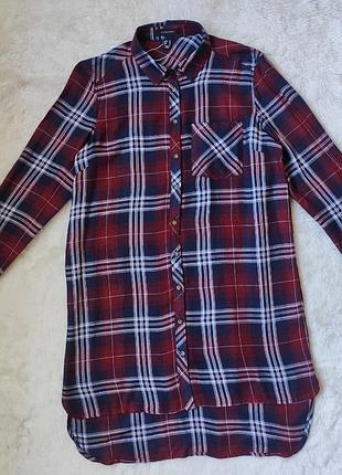 Бордовая синяя натуральная длинная рубашка в клетку платье рубашка удлиненная туника в полоску2 фото