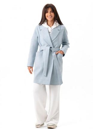 Пальто женское зимнее шерстяное оверсайз, теплое, клетчатое,  в клетку голубое7 фото