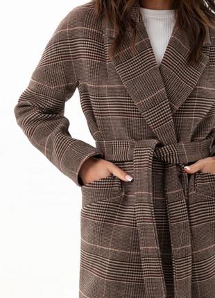 Пальто женское зимнее шерстяное оверсайз, теплое, клетчатое, в клетку, кофейное6 фото