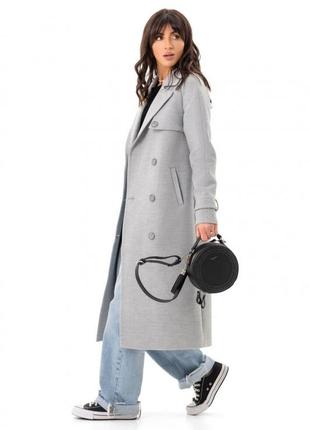 Пальто женское демисезонное кашемировое шерстяное двубортное на пуговицах, длинное, однотонное серое6 фото