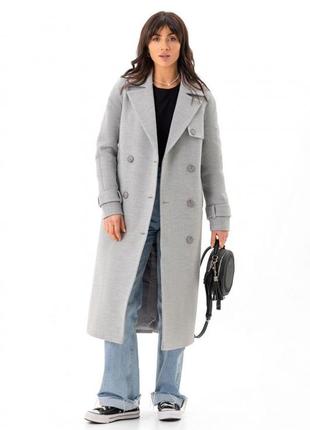 Пальто женское демисезонное кашемировое шерстяное двубортное на пуговицах, длинное, однотонное серое2 фото