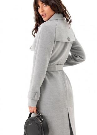 Пальто женское демисезонное кашемировое шерстяное двубортное на пуговицах, длинное, однотонное серое8 фото