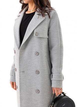 Пальто женское демисезонное кашемировое шерстяное двубортное на пуговицах, длинное, однотонное серое3 фото