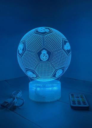 3d-лампа м'яч із емблемою фк реал мадрид, подарунок для футболістів, світильник або нічник, 7 кольорів і пульт1 фото