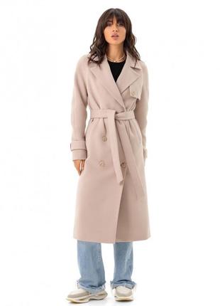 Пальто женское демисезонное кашемировое шерстяное двубортное на пуговицах, длинное, бежевое2 фото