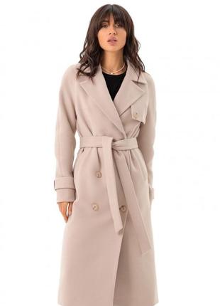Пальто женское демисезонное кашемировое шерстяное двубортное на пуговицах, длинное, бежевое3 фото