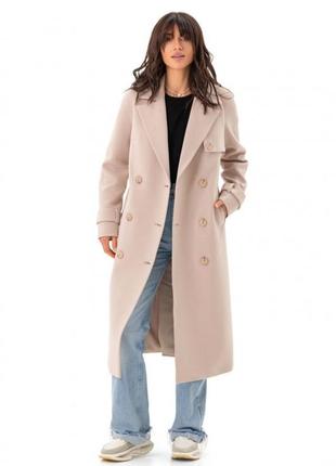 Пальто жіноче демісезонне кашемірове вовняне двобортне на ґудзиках, довге, бежеве5 фото