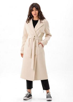 Пальто женское демисезонное кашемировое шерстяное двубортное на пуговицах, длинное, бежевое6 фото