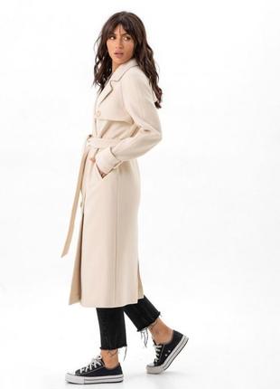 Пальто женское демисезонное кашемировое шерстяное двубортное на пуговицах, длинное, бежевое7 фото