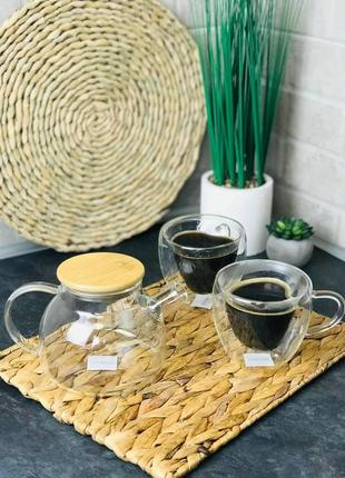 Набір чашок з подвійними стінками 2 шт та заварник 800 мл ardesto ❤️ набыр чашок зі скла