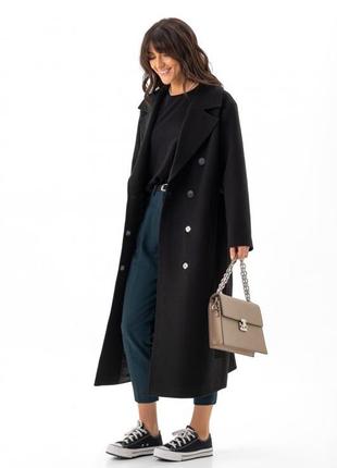 Пальто женское кашемировое шерстяное оверсайз в демисезонное двубортное на пуговицах, бренд, черное1 фото