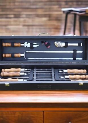 Подарочный набор шампуров в деревянном кейсе + гравировка "royal grill". ящик для шампуров на 6 или 8. kd2501