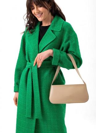 Пальто жіноче вовняне з французького твіду, середньої довжини, вільного крою, зелене1 фото