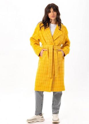 Пальто женское шерстяное из французского твида, средней длины, свободного кроя, желтое