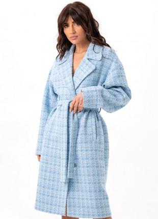 Пальто женское шерстяное из французского твида, средней длины, свободного кроя, голубое2 фото