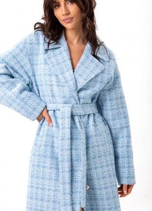 Пальто женское шерстяное из французского твида, средней длины, свободного кроя, голубое8 фото