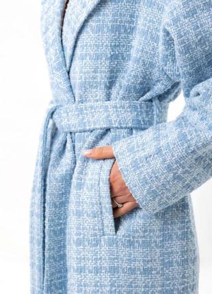 Пальто женское шерстяное из французского твида, средней длины, свободного кроя, голубое