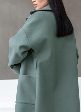 Пальто - халат женское оверсайз шерстяное, демисезонное, длинное, брендовое, оливковое9 фото