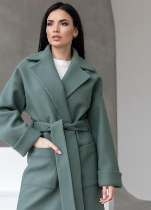 Пальто - халат женское оверсайз шерстяное, демисезонное, длинное, брендовое, оливковое7 фото
