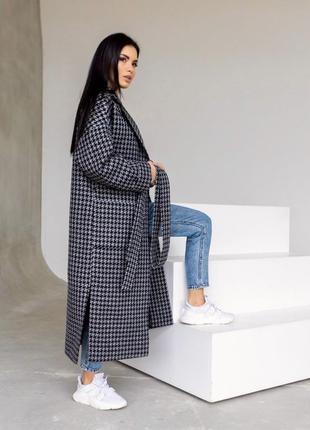 Пальто - халат женское оверсайз шерстяное, демисезонное, длинное, брендовое, гусиная лапка3 фото