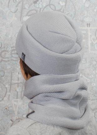Женская мужская зимняя шапка - комплект бини на флисе серый светлый3 фото