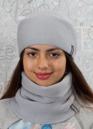 Женская мужская зимняя шапка - комплект бини на флисе серый светлый2 фото