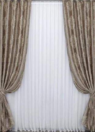 Гарні штори в вітальню "корона" (2шт. 1,5х2,75м) блекаут-софт. колір бежевий4 фото
