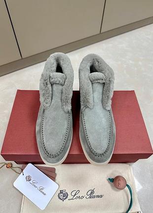 Женские зеленые хаки замшевые зимние лоферы ботинки loro piana open walk с мехом лоро пиана