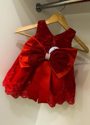 Яркое красное и пудровое детское платье вечернее кружево нарядное с бантиком бантом + повязка