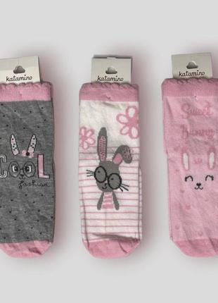 Шкарпетки носки для дівчинки дитячі натуральні турецькі туреччина katamino 28-30 рожеві сірі молочні у смужку з зайчиком