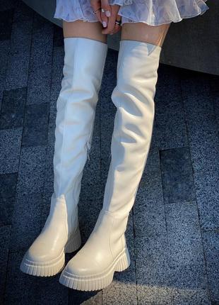 Шкіряні чоботи демі зима байка хутро високі чобітки ботфорти осінні зимові бежеві молочні білі2 фото