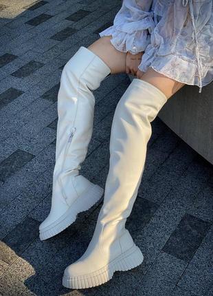 Шкіряні чоботи демі зима байка хутро високі чобітки ботфорти осінні зимові бежеві молочні білі3 фото