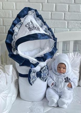Зимовий велюровий комплект "чарівність" для новонароджених, білий із синім