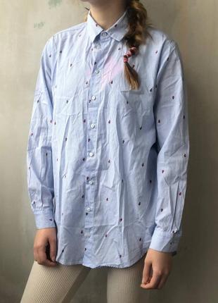 Рубашка zara классическая с принтом, голубая в полоску зара рубашка, блузка из натуральной ткани3 фото
