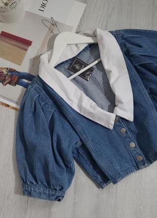 Джинсовая блуза кроп топ с воротником/ кроп топ джинс с съемным воротником/джинсовая блуза. жакет1 фото
