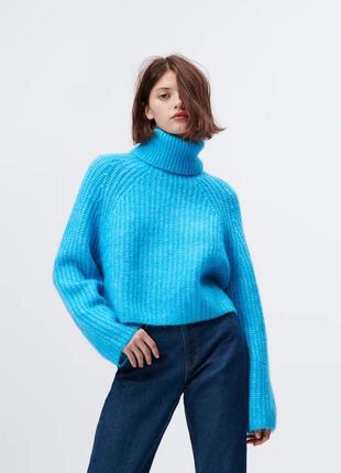 Голубой свитер с высоким воротом zara/укороченный свитер свободного фасона/ вязаный свитер