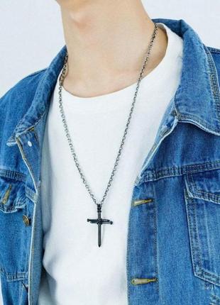 Підвіска, кулон, ланцюжок на шию, унісекс, хрест зі сталевим гвоздем чорний колір 65 см