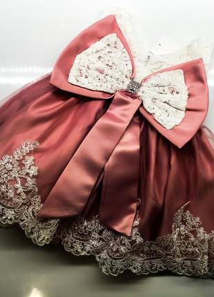 Яркое красное детское платье вечернее кружево нарядное с бантиком бантом + повязка3 фото