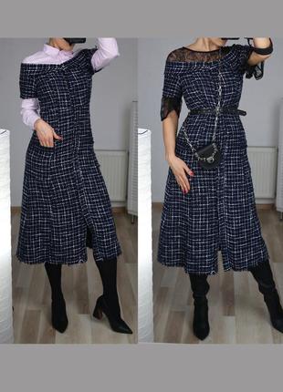 Шикарное нарядное деловое твидовое миди платье zara в стиле шанель1 фото