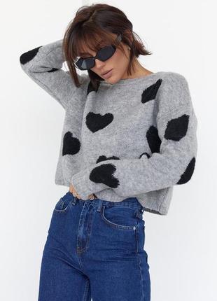 Базовый вязаный свитер светер джемпер стильный тренд укороченный с сердечками сердечками принт зара zara объемный оверсайз oversize1 фото