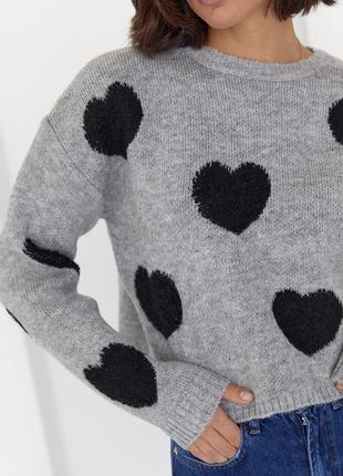 Базовый вязаный свитер светер джемпер стильный тренд укороченный с сердечками сердечками принт зара zara объемный оверсайз oversize4 фото