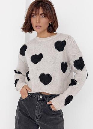 Базовый вязаный свитер светер джемпер стильный тренд укороченный с сердечками сердечками принт зара zara объемный оверсайз oversize6 фото