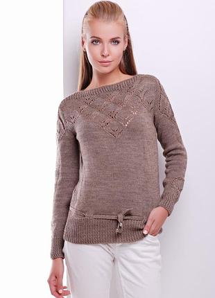 Светр жіночий в'язаний, вовняний, з поясом, з турецької пряжі, кавовий