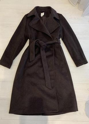 Длинное диночее пальто под пояс коричневое h&m s-m